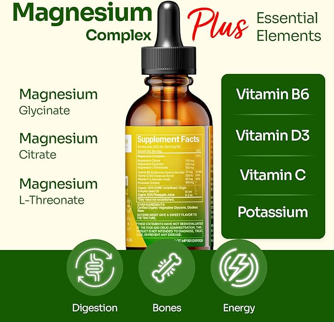 Magnesium Citrate Liquid Plus Magnesium Glycinate/L-threonate B6, D, 2 fl 100% Absorption 45-Day Supply