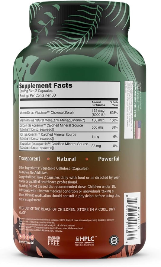 EarthNutri D3 + K2 + 72 D3 from K2 from Q7, Calcium 60 Veg