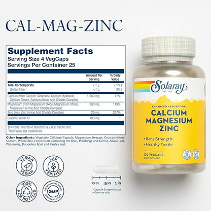 SOLARAY Calcium Magnesium Zinc Supplement 1000mg, Magnesium 500mg - 60 Day 25 Servings, 100 VegCaps