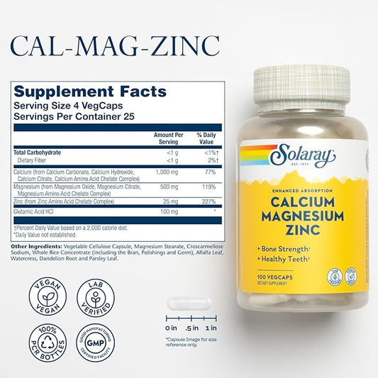 SOLARAY Calcium Magnesium Zinc Supplement 1000mg, Magnesium 500mg - 60 Day 25 Servings, 100 VegCaps