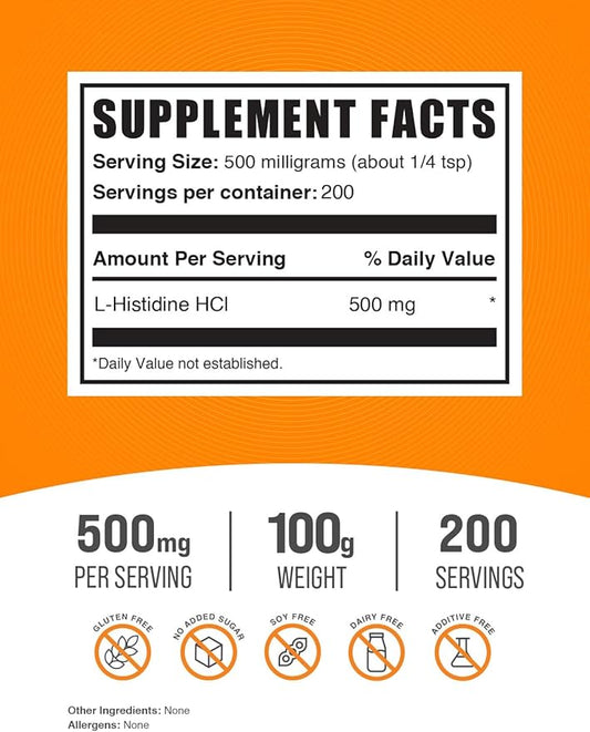 BulkSupplements.com L-Histidine HCl Powder - L-Histidine Supplement, Histidine 500mg - Essential Amino Acid, Gluten Free, 500mg per Serving, 100g (3.5 oz) (Pack of 1)