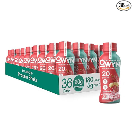 OWYN Only What You Need Vegan Protein Shake, Strawberry Banana, 20g Plant Based Protein, Omega-3, Prebiotic Supplements, Gluten-Free, Soy-Free, Non-GMO (36 Pack) (Packaging May Vary)
