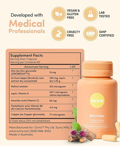 Ovira Skin Clear with ZINCBRIGHT - 60 Capsules for Clear and Glowing Skin | Rosacea & Hormonal Acne Treatment | Support Collagen Production | Acne Supplements for Women & Men - Pack of 2