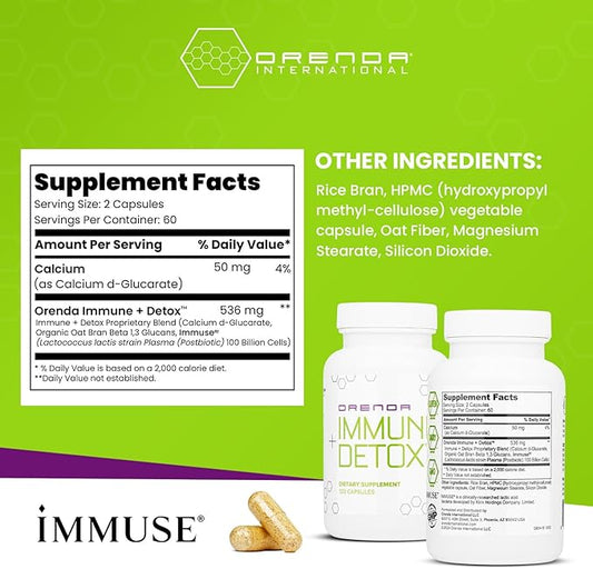 Orenda Immune + Detox - Specialized Formula with Calcium d-Glucarate, Beta 1,3 Glucans & IMMUSE® for Wellness and Balance - 120 Capsules