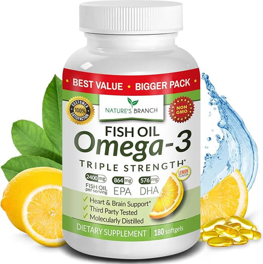 Best Triple Strength Omega 3 Fish 180 Capsules 2400mg High 864mg EPA 576mg DHA