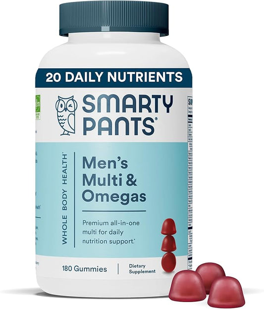 SmartyPants Multivitamin for Men, Gummies: Omega 3 Fish CoQ10, Vitamin D3, C, B12, B6, B6, Vitamin 180 Gummies (30 Day