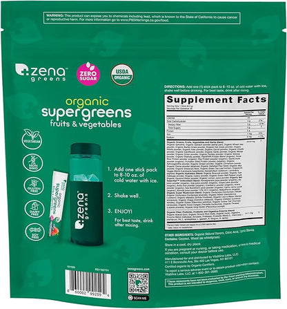 Zena Greens Organic Supergreens Powder 30 8g 8g Sticks |70+ Superfood 3G Fiber 0 Sugar