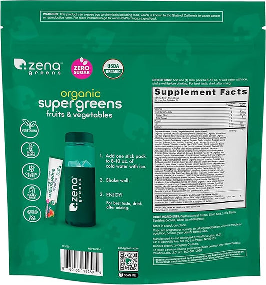 Zena Greens Organic Supergreens Powder 30 8g 8g Sticks |70+ Superfood 3G Fiber 0 Sugar