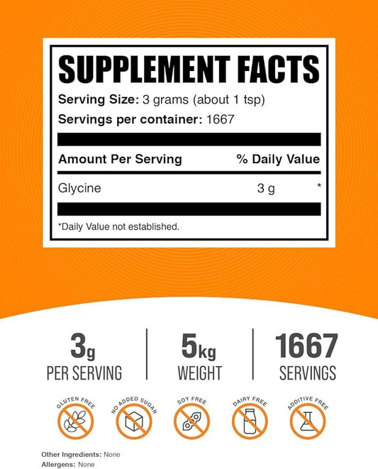 BulkSupplements.com Glycine Powder - Glycine Supplements, Glycine 3000mg - Glycine Amino Acid Supplement, Pure & Gluten Free - 3000mg per Serving, 5kg (11 lbs) (Pack of 5)