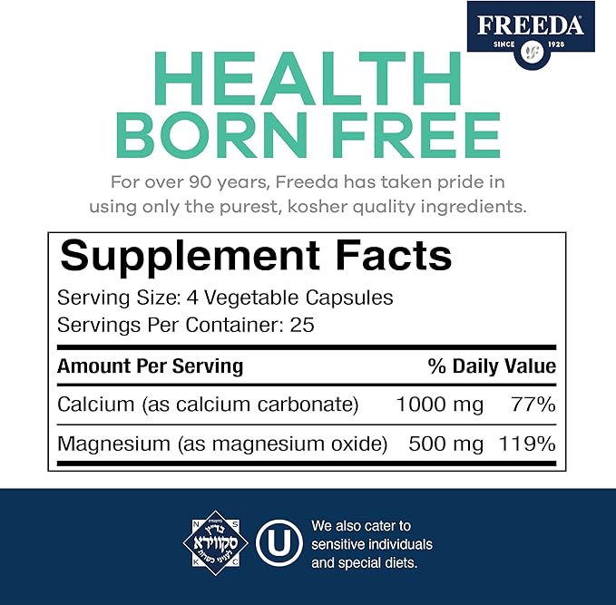 Freeda Super Cal/Mag Calcium Magnesium - Kosher Magnesium and Calcium Supplements for Women & Men - CalMag Bone & Joint Support - Vegetarian/Vegan Calcium and Magnesium Supplement - (250 Capsules)