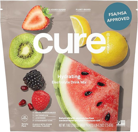Cure Hydration | Plant-Based Electrolyte Drink Mix | No Added Sugar | FSA & HSA | Dehydration Relief Powder Made with Coconut Water | Non-GMO | Vegan | 28 Servings - Variety Pack