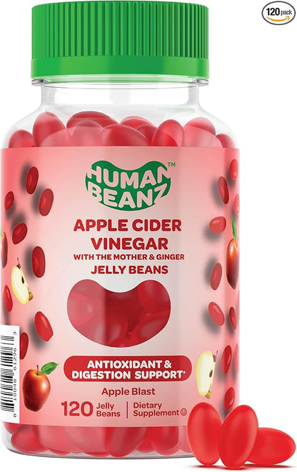 Apple Cider Vinegar Jelly Bean Gummies with The Mother and Ginger, Vegetarian Dietary Supplements for Men and Women, Digestive Health Support, 120 Apple Blast Jelly Beans, Kosher