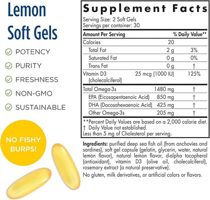 Nordic Naturals Ultimate Omega-D3 Sport, Lemon 60 Soft 1480 mg Omega-3 + 1000 IU D3 - 30 Servings