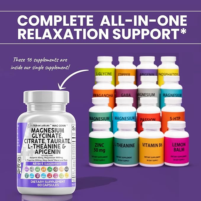 Magnesium Glycinate Complex 1000mg with L-Theanine 200mg Apigenin 50mg Citrate 5-HTP GABA 60 Count