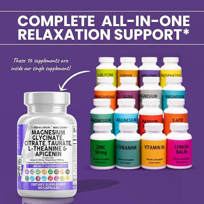 Magnesium Glycinate Complex 1000mg with L-Theanine 200mg Apigenin 50mg Citrate 5-HTP GABA 60 Count