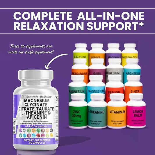 Magnesium Glycinate Complex 1000mg with L-Theanine 200mg Apigenin 50mg Citrate 5-HTP GABA 60 Count