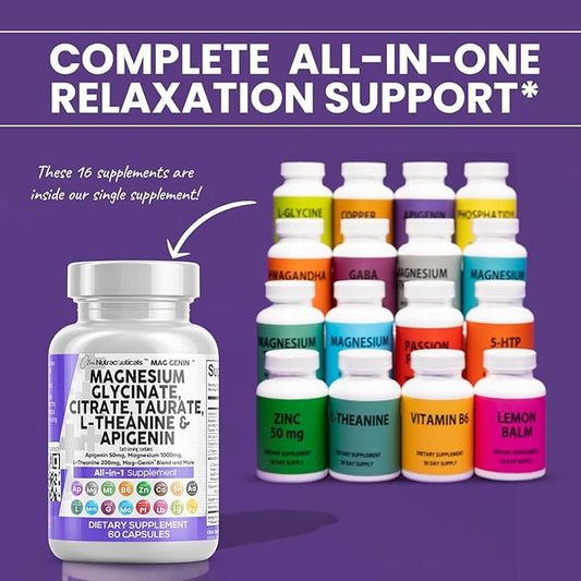Magnesium Glycinate Complex 1000mg with L-Theanine 200mg Apigenin 50mg Citrate Taurate Supplement - 5-HTP GABA Passion Flower Lemon Balm L-Glycine Phosphatidylserine Ashwagandha - 60 Count