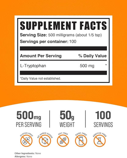 BulkSupplements.com L-Tryptophan Powder 500mg, Tryptophan 500mg per 50g (1.8 (1.8 oz) 1)