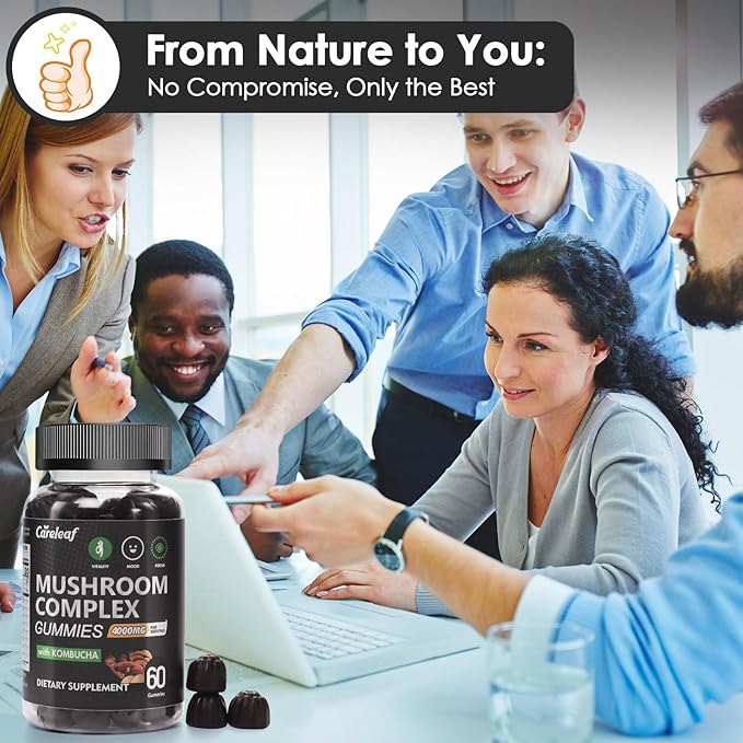 9 in 1 Mushroom Gummies with Lion's Mane for Focus and Energy Supplement to Support Immune System De-Stress Boost Mood & Energy 60 Count Kombucha Flavor