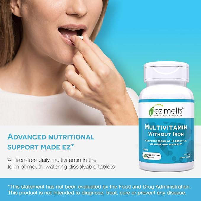 EZ Melts Dissolvable Multivitamin without Iron, 18 Vitamins B12, Vitamin D3, Zinc 1-Month Supply