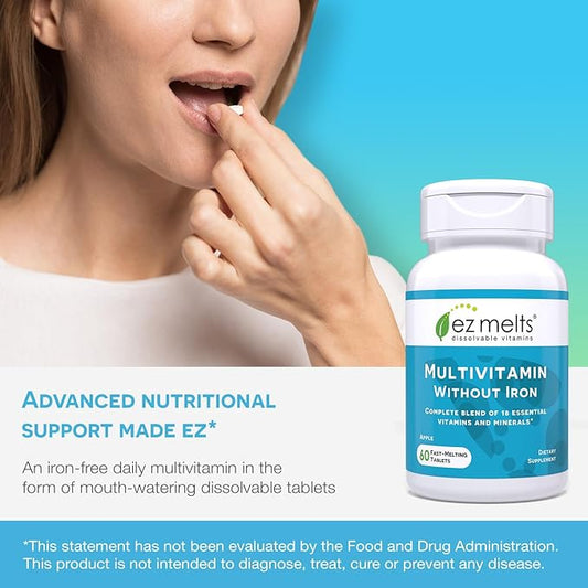EZ Melts Dissolvable Multivitamin without Iron, 18 Vitamins B12, Vitamin D3, Zinc 1-Month Supply