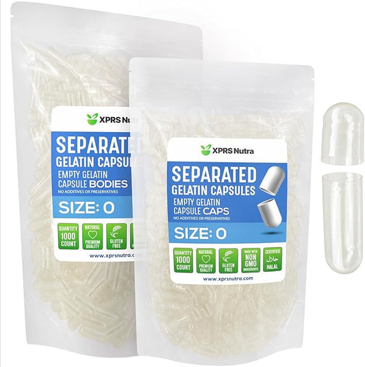 XPRS Nutra Gelatin Size 0 Separated Capsules - 1000 Count Clear Empty Capsules Separated in Bags - Size 0 Gelatin Capsules - Clear Empty Gelatin Capsules for DIY Supplement Filling