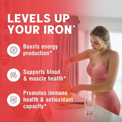 Iron Supplement, 65mg Carbonyl Iron with 250mg Vitamin C, Stomach Friendly Iron Pills for Blood Building Women & Men, High Absorption, No Nausea, No Constipation, Non-GMO, No Gluten, 60 Vegan Tabs