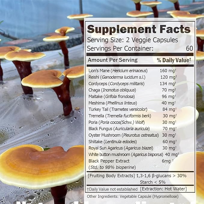 14 Mushrooms Supplement 120 Capsules 30% Beta-Glucan