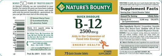 Natures Bounty Vitamin B-12, Quick Dissolve, 2500 mcg, 75 ct (2 Pack)