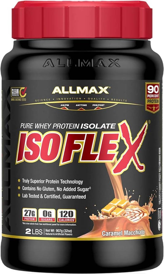 ALLMAX ISOFLEX Whey Protein Isolate, Caramel Macchiato - 2 lb - 27 Grams of Protein Per Scoop - Zero Fat & Sugar - 99% Lactose Free - Gluten Free & Soy Free - Approx. 30 Servings