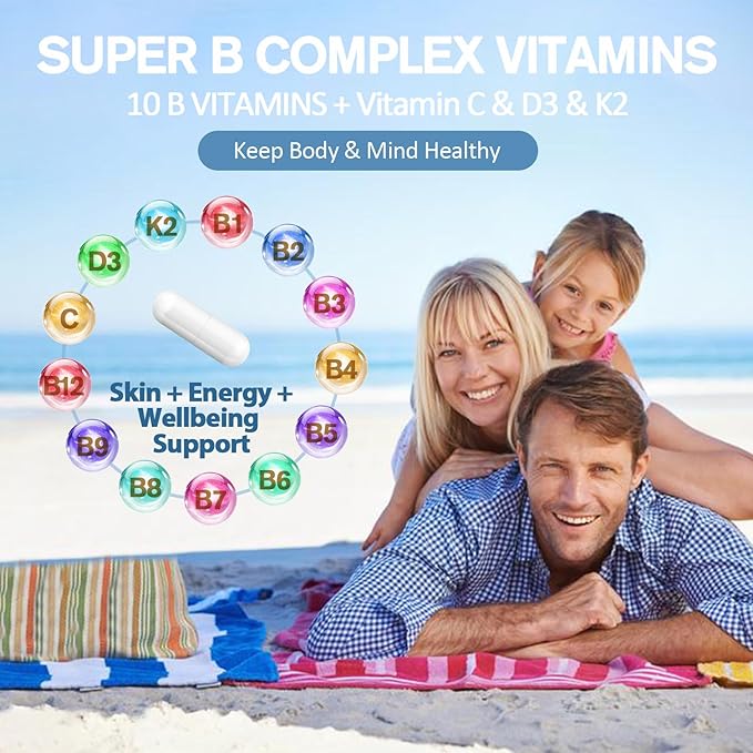 13-in-1 Vitamin B Complex Plus B1, B2, B2, B3 B3 (Niacinamide), B4, B5, B5, B6, B6, B7 B7 (Biotin), B8 (Inositol), B9 (Folate), B12, C, D3, K2 K2 - 120 Vegan