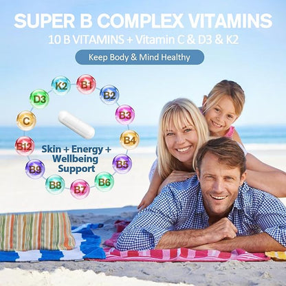13-in-1 Vitamin B Complex Plus B1, B2, B2, B3 B3 (Niacinamide), B4, B5, B5, B6, B6, B7 B7 (Biotin), B8 (Inositol), B9 (Folate), B12, C, D3, K2 K2 - 120 Vegan