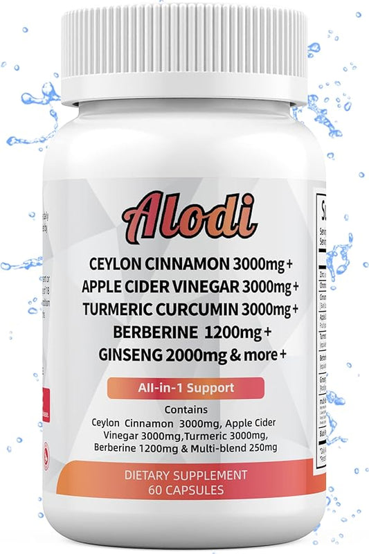 Ceylon Cinnamon 3000mg, Apple Cider Vinegar 3000mg, Turmeric 3000mg, Ginseng 2000mg, Berberine 1200mg - All-in-1 Supplement 60 Capsules