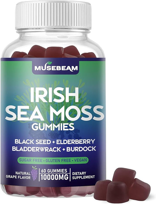 Irish Sea Moss Gummies 10000mg - with Black Seed Elderberry Bladderwrack Burdock Turmeric Omega-3 Vitamins C D3 Zinc - Seamoss Supplements for Adults Women Men - Sugar-Free Gluten Free Vegan