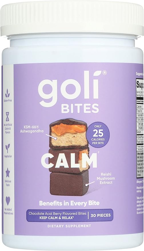 Goli Nutrition Calm Ashwagandha Bites Chocolate Acai Berry Flavor, Caffeinated, Vegetarian, Gluten Free and No Added Preservatives, 30 Pieces (Pack of 1)