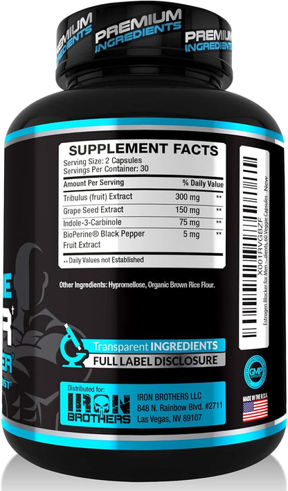 Iron Brothers Supplements Testosterone Booster for Men with Estrogen Blocker - Anti-Estrogen Dietary Supplements - Grape Seed & Tribulus Terrestris – Pack of 60 Capsules – Muscle Growth Boost - 30 day