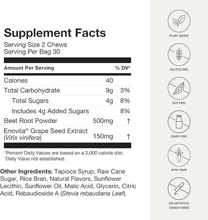 humanN SuperBeets Heart Chews, Nitric Oxide and Blood Pressure Support, Grape Seed Extract & Non-GMO Beet Root Powder Energy Chew, Pomegranate Berry Flavor, 60 Count