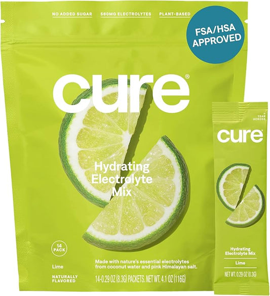 Cure Hydrating Plant Based Electrolyte Mix | Powder for Dehydration Relief | Made with Coconut Water | Non-GMO | No Added Sugar | FSA & HSA | Vegan | Gluten Free | Pouch of 14 Packets - Lime
