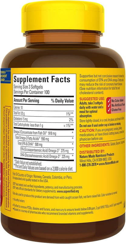 Nature Made Omega 3 Fish Oil 550 mg 3 Supplement 300 Softgels, 100 Day