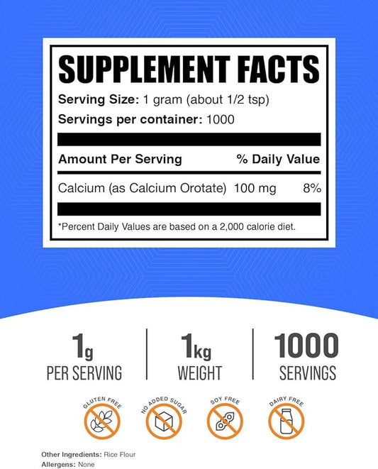 BulkSupplements.com Calcium Orotate Powder - Calcium Powder Supplement, Calcium Orotate Supplements - Gluten Free, 1000mg (100mg Calcium) per Serving, 1kg (2.2 lbs) (Pack of 1)