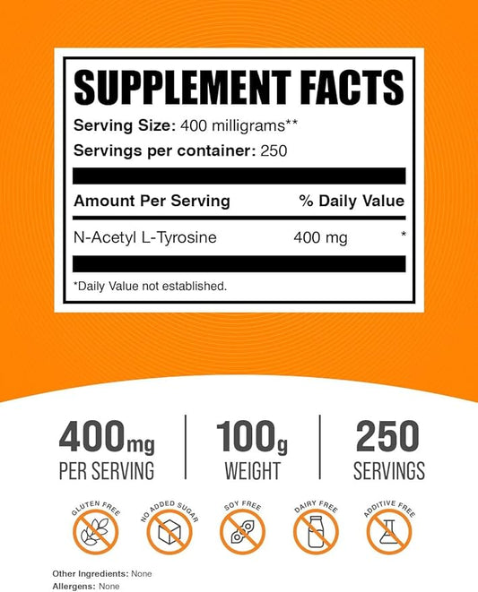 BulkSupplements Pure N-Acetyl L-Tyrosine (NALT) Powder (100 grams)