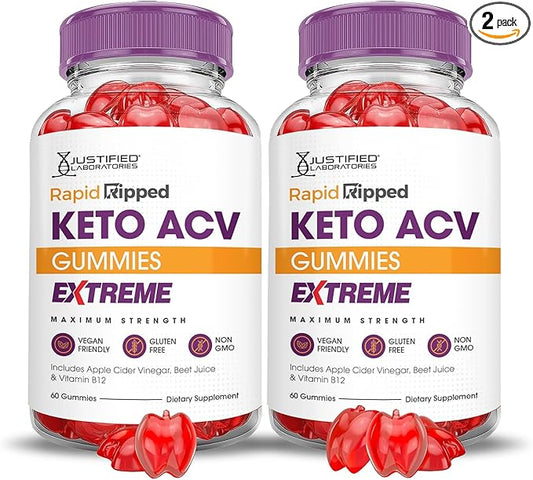 Justified Laboratories (2 Pack Rapid Ripped Keto ACV Gummies Extreme 2000MG Rapidripped Keto Gummies Apple Cider Vinegar Formulated with Pomegranate Beet Juice Powder B12 Vegan Non GMO 120 Gummys