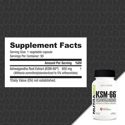 NutraBio Ashwagandha KSM-66 Herbal Supplement for Better Overall Well-Being- Ashwagandha Supplement- 600mg - 90 Vegetable Capsules