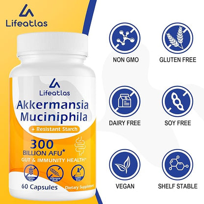 GLP-1 Supplement | 300 Billion AFU Akkermansia Muciniphila, Akkermansia Probiotic for Women Men, Akka Superbiotics for GLP-1 Production, Digestive, Gut, Immunity, Enhances Gut Lining Function, 4 Packs