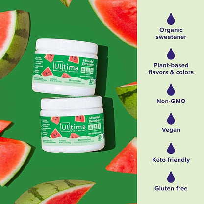 Ultima Replenisher Daily Electrolyte Powder Drink Mix – Watermelon, 30 Servings – Hydration Powder with 6 Key Electrolytes and Trace Minerals – Keto Friendly, Vegan, Non-GMO and Sugar-Free