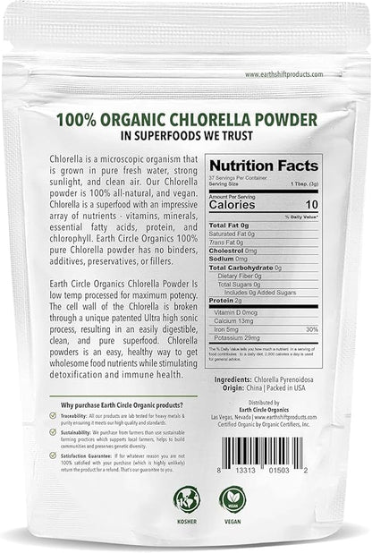 Earth Circle Organics Organic Chlorella Powder Superfood | Kosher | Broken Cell Wall Chlorophyll, Vegan, Super Green Algae, Clean Chlorella, High in Protein, Fiber & Amino Acids - 4oz