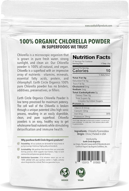 Earth Circle Organics Organic Chlorella Powder Superfood | Kosher | Broken Cell Wall Chlorophyll, Vegan, Super Green Algae, Clean Chlorella, High in Protein, Fiber & Amino Acids - 4oz