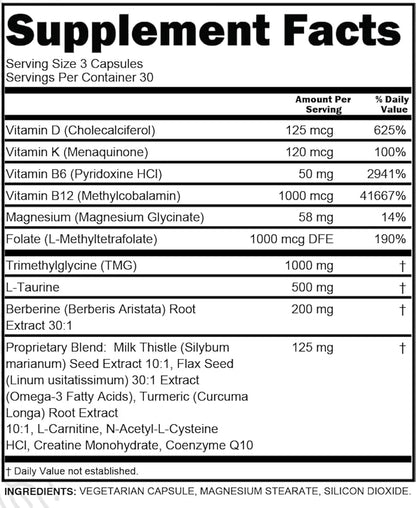 Clean Nutra TMG Taurine Supplement B6 Vitamins, B12, D3 D3 K2, K2, Berberine, 3 Turmeric COQ10 & 90 Ct