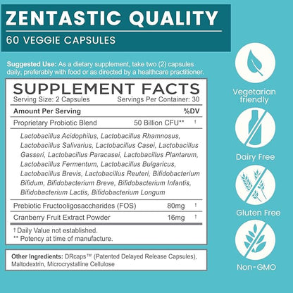 Zentastic Probiotics & Prebiotics Supplement - 50 Billion CFU - for Men & Women’s Immune & Digestive Health - 16 Strains - Shelf Stable - 180 Delayed Release Veggie Capsules