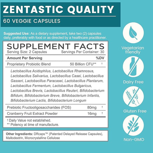 Zentastic Probiotics & Prebiotics Supplement - 50 Billion CFU - for Men & Women’s Immune & Digestive Health - 16 Strains - Shelf Stable - 180 Delayed Release Veggie Capsules